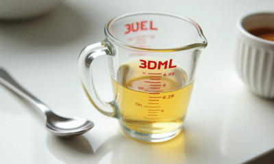 Verre mesureur rempli à 350 ml sur plan de cuisine lumineux