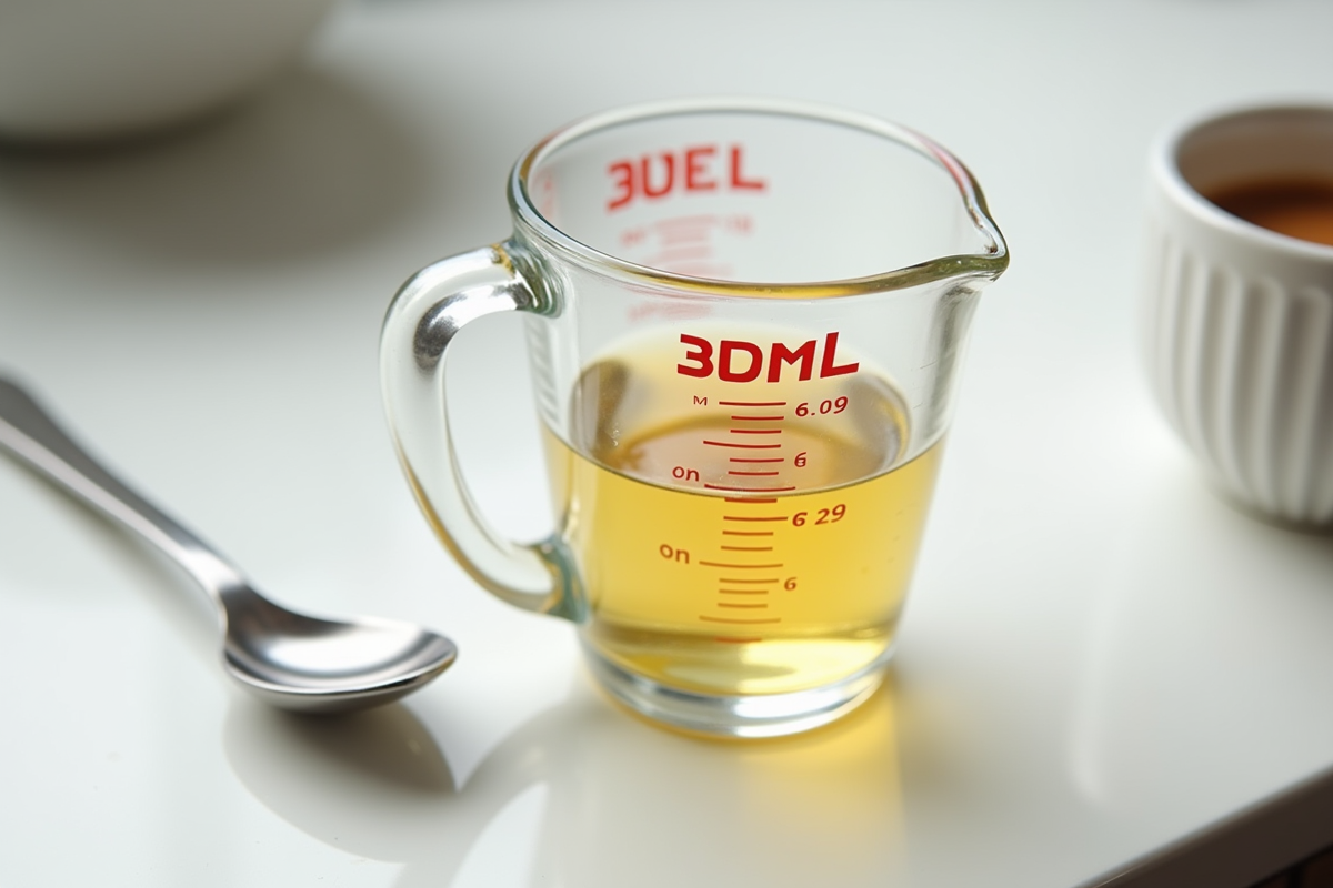 Verre mesureur rempli à 350 ml sur plan de cuisine lumineux
